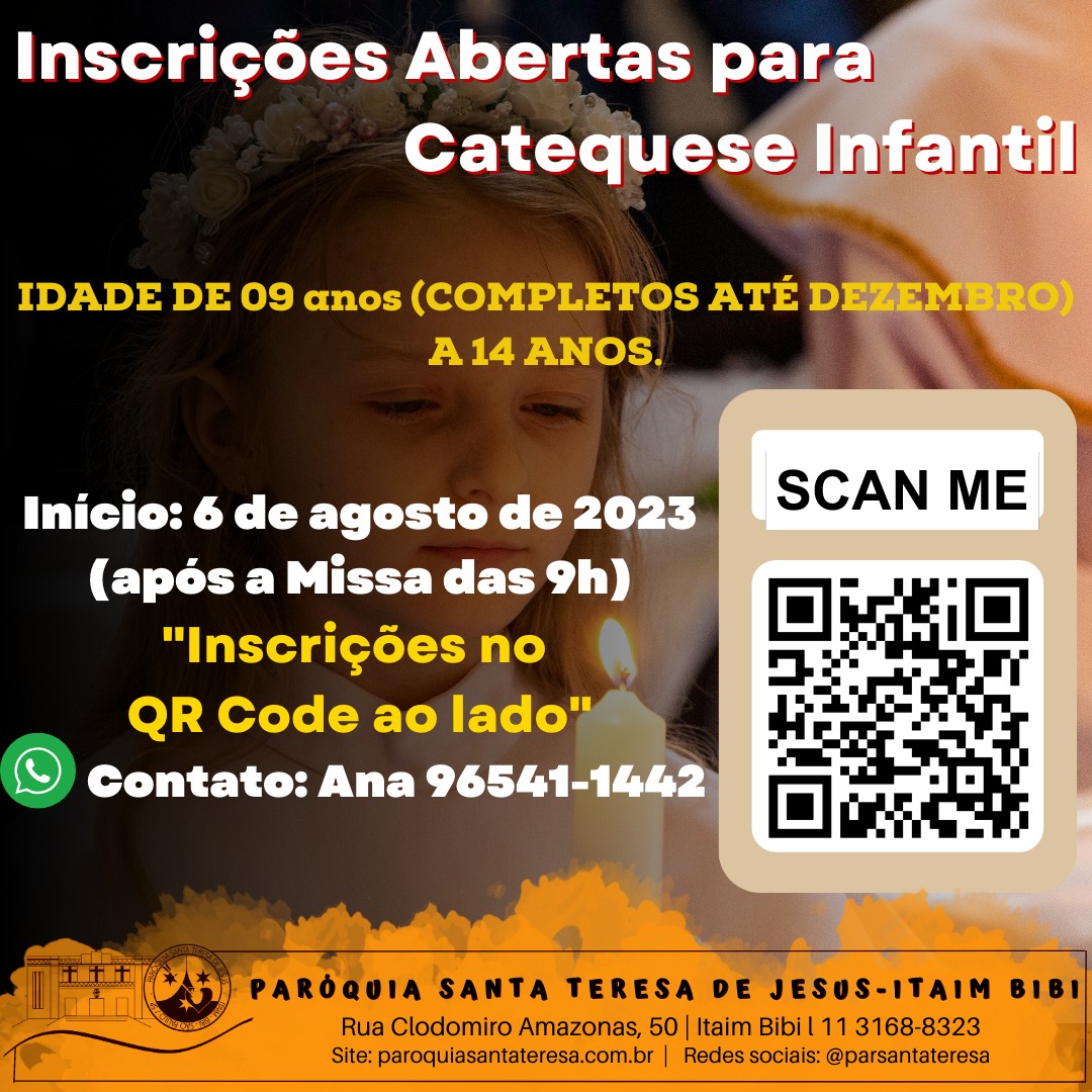 Inscrições abertas para Catequese Infantil Paróquia Santa Teresa de